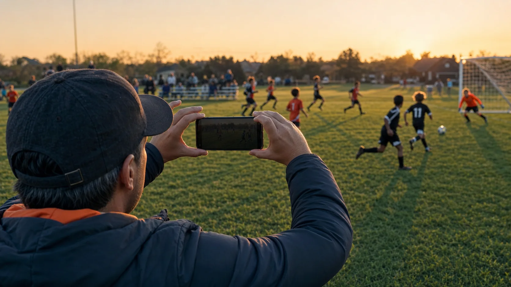 QShot mobile sports filming guide: a parent struggles to follow a fast youth soccer break with a smartphone