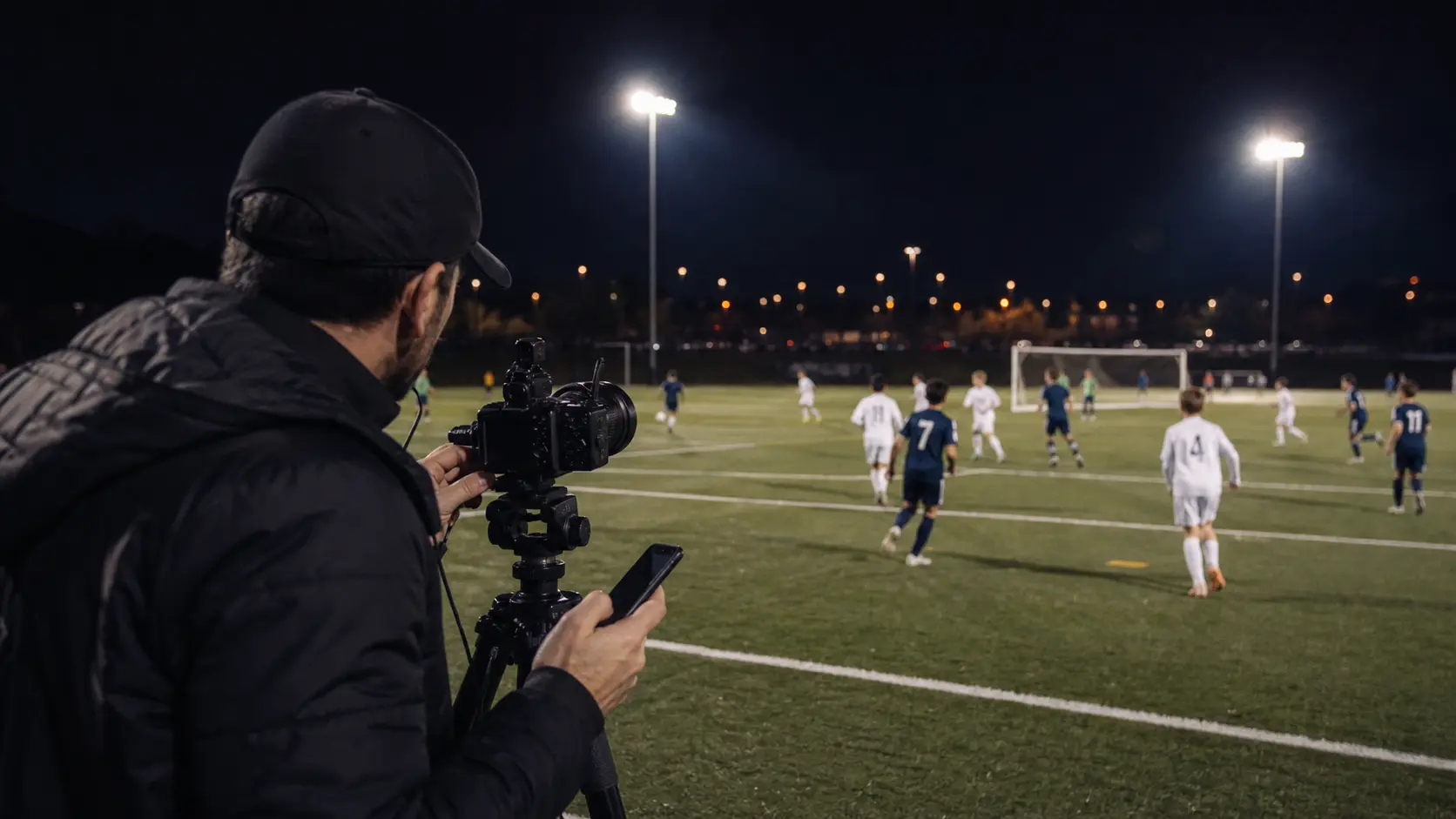 QShot field story: Alex uses a camera and phone while tracking 10 soccer players from the sideline